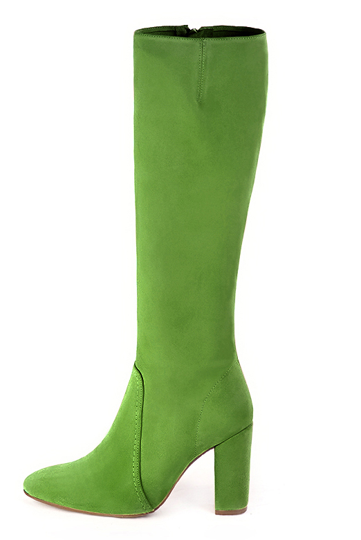 Grass green women's feminine knee-high boots. Round toe. High block heels. Made to measure. Profile view - Florence KOOIJMAN